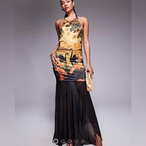 ASOS Floral Satin Halter Maxi Dress - Yellow & Black